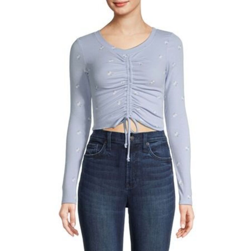 Arizona Juniors Long Sleeve Fleece Crop Top - Blue Floral - XX-large (18-20)